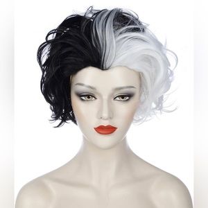 Ruina Black and White Wigs Women Short Curly Wavy Bob Game Character Cosplay Wig